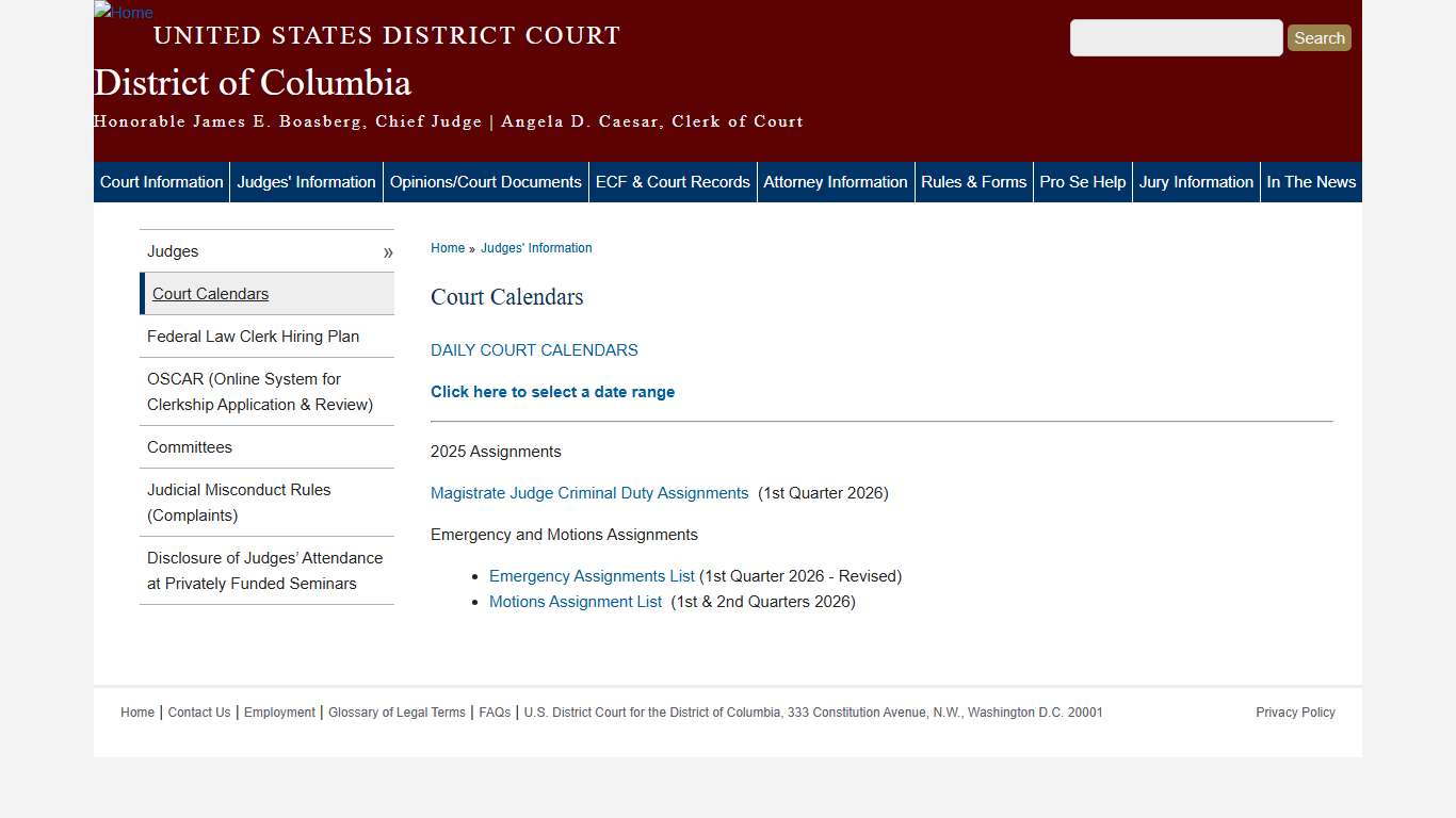 Court Calendars | District of Columbia | United States District Court